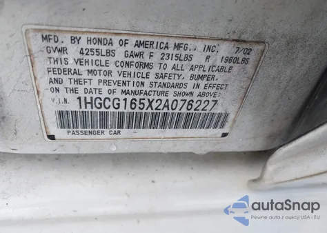 2002 Honda Accord 3.0 Ex из США, поврежденный, VIN 1HGCG165X2A076227